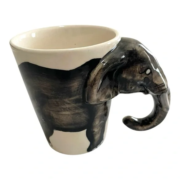 Elephant Head Unique Trunk Handle Ceramic Mug, Made in Thailand, Beige & White. - Picture 4 of 9